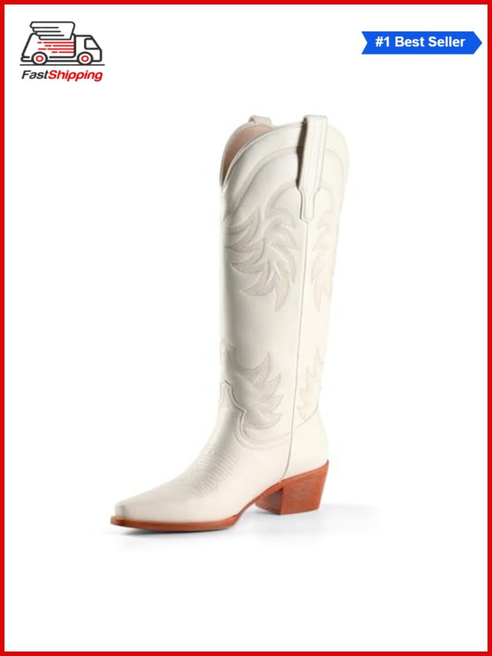 Cowboy Boots Knee High Pointed Toe Block Heel Faux Leather Embroidered